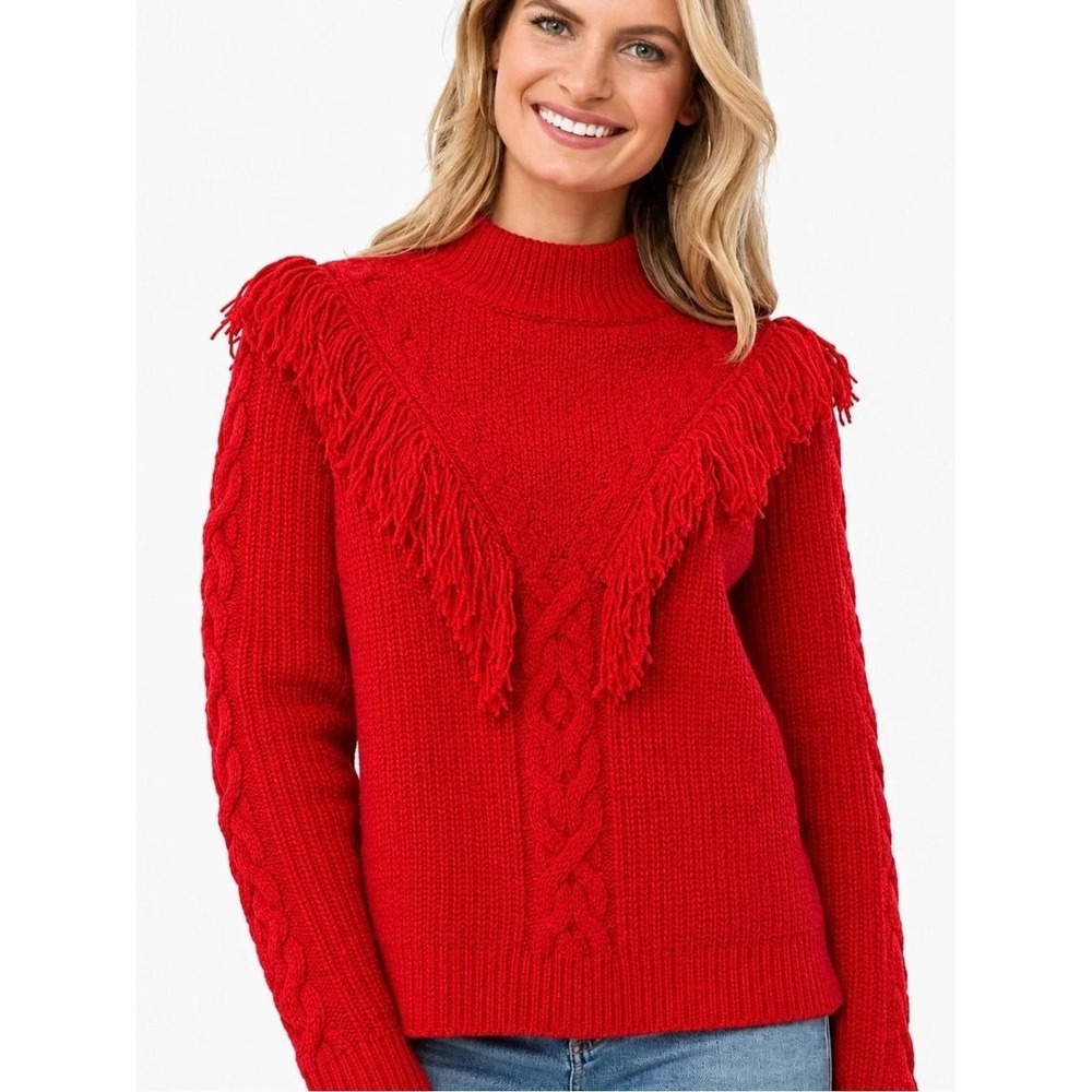Tuckernuck Caswell Red Fringe Cable Knit Sweater Wool Blend Mock Neck Size Small